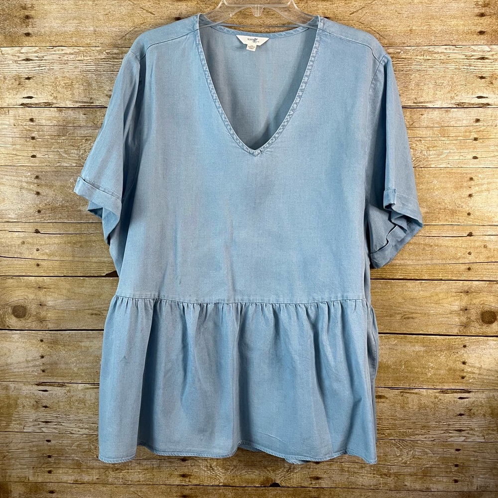Terra & Sky Light Blue Chambray Babydoll Drop Waist V-Neck Peplum Top EUC 2X